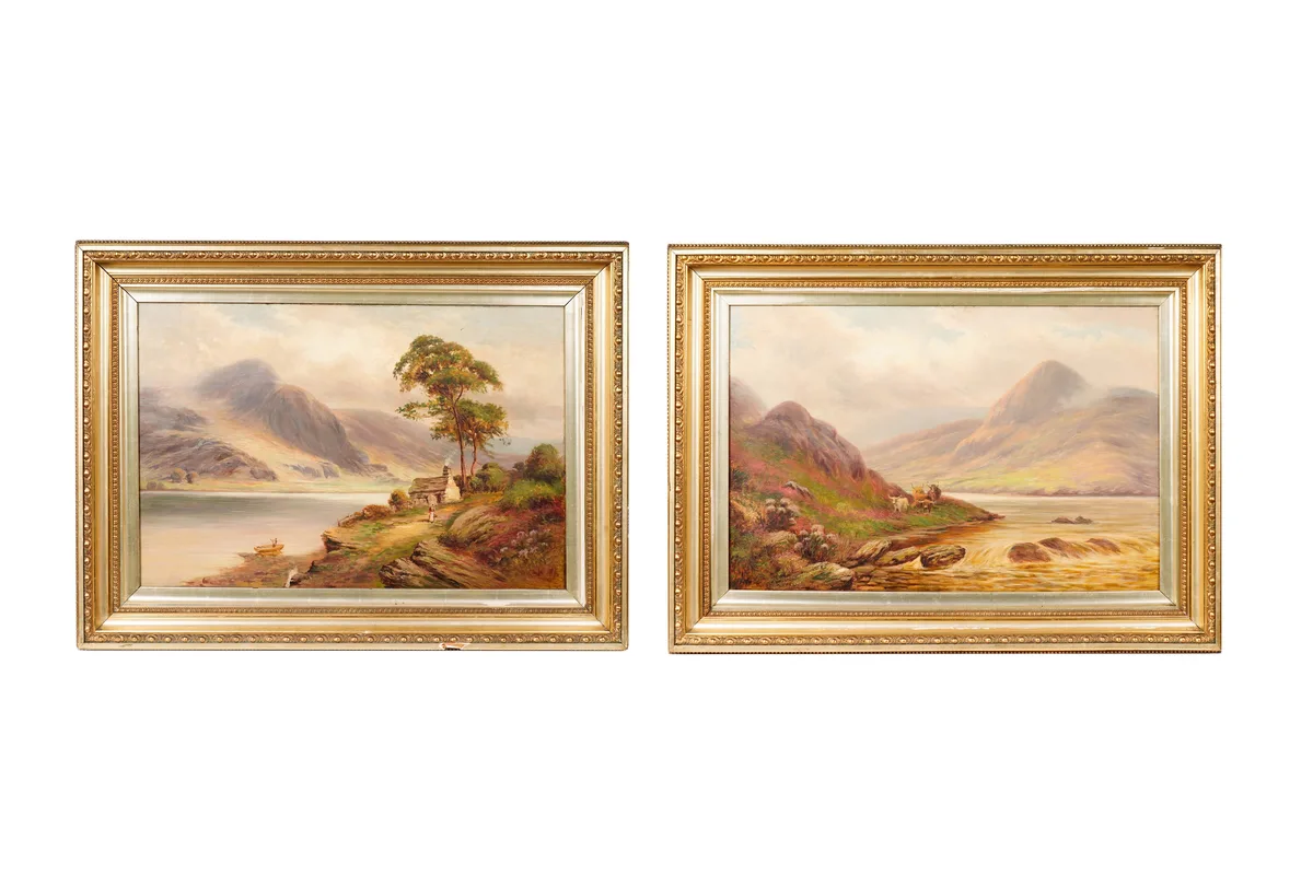 A Pair of Highland Landscape Views by C. Hutchinson, oil on canvas, sold Apr 2024