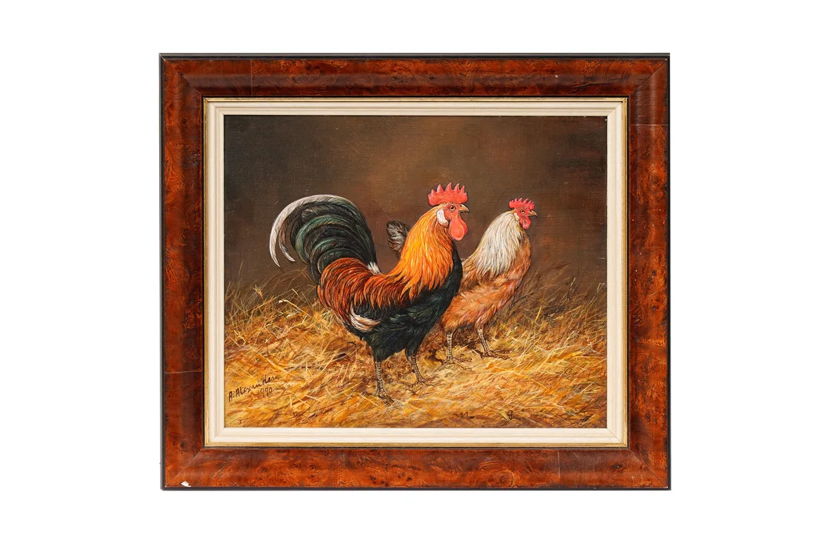 A. Alexander, Cockerel and Hen, oil on board