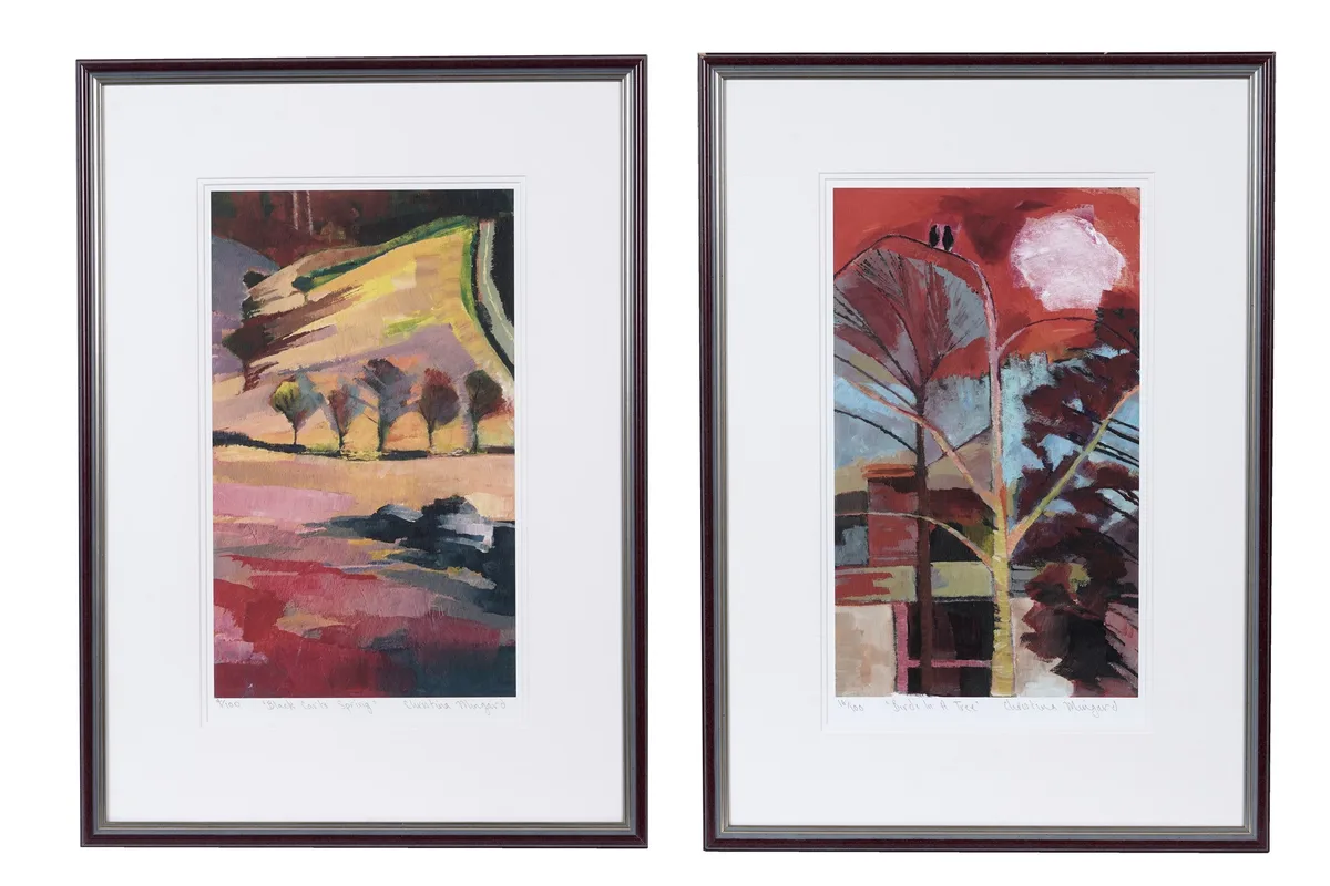 Christina Mingard, Birds in a Tree & Black Carts Spring, limited edition giclee print, 16/100, and 4/100