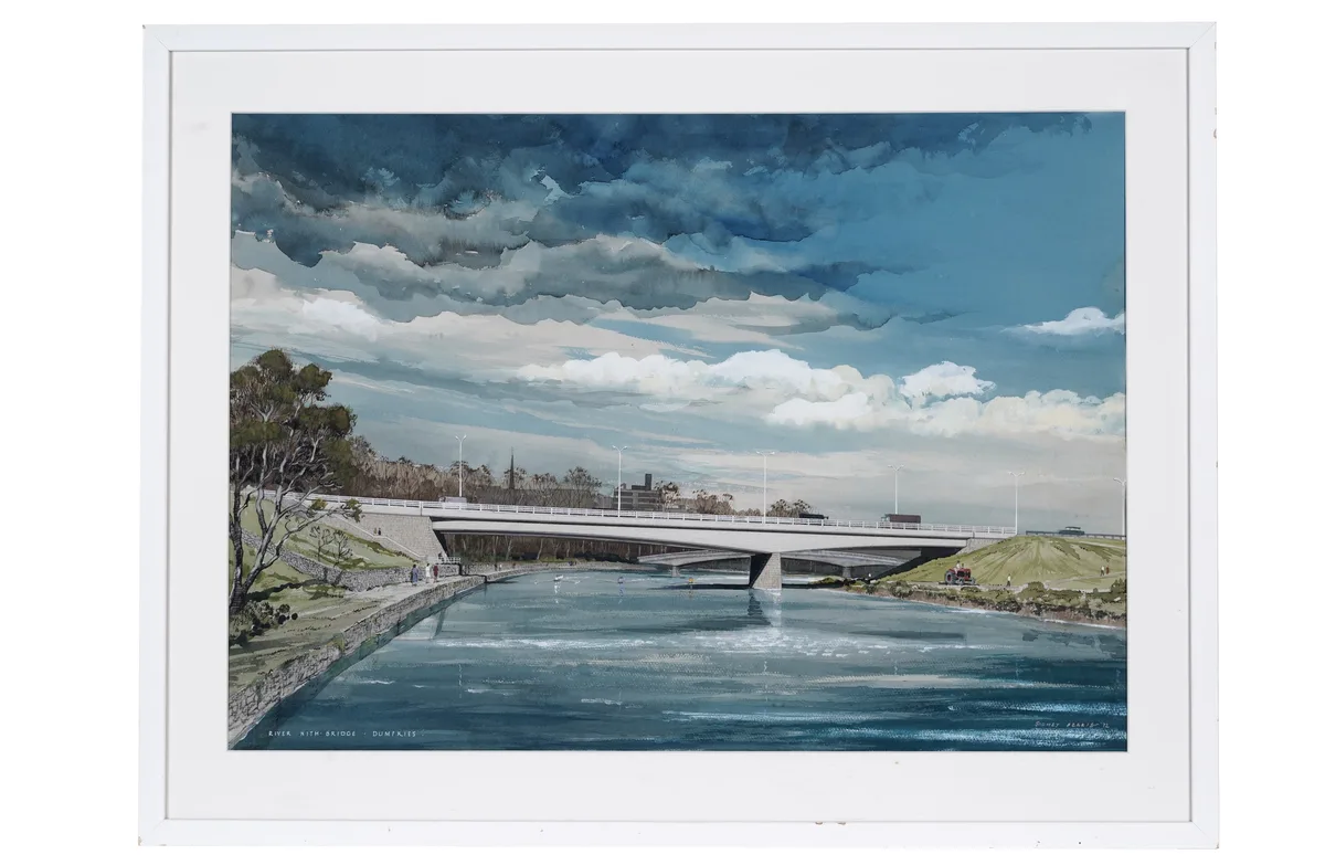 Sidney Ferris, River Nith Bridge Dumfries, gouache