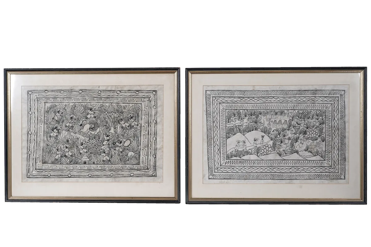 Lopez, Two Mexican folk art scenes, ink on amate bark paper