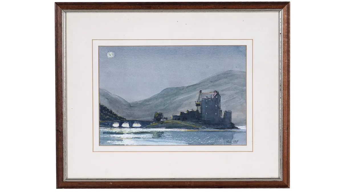 Fred Stott, Eilean Donan under a Full Moon, watercolour