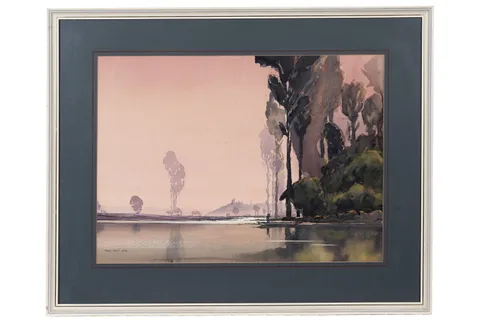 Fred Stott, Pink Dusk and Illuminated Treeline, watercolour