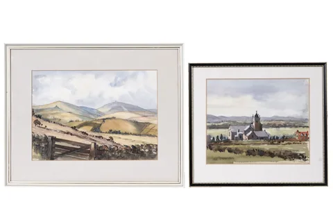 Fred Stott, Chirnside Church & The Cheviots, watercolour