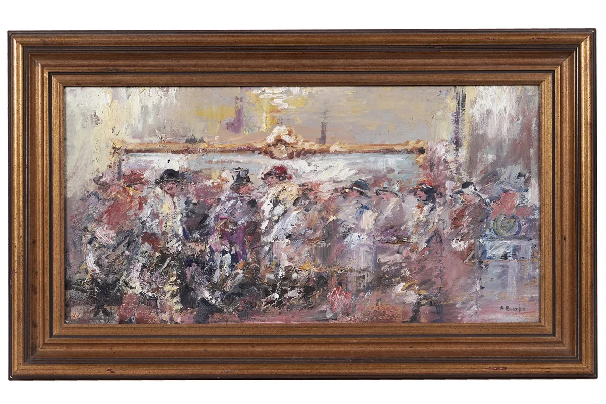 Frank Burke, Bustling Crowds, oil on board