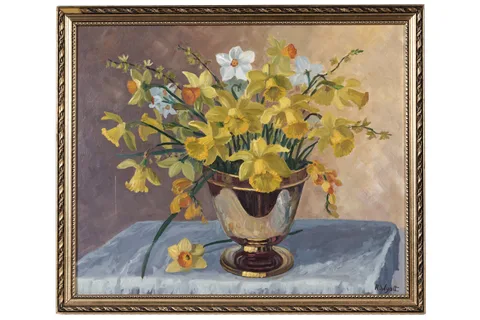 R. Wyatt, Still Life with Spring Daffodils, oil on board