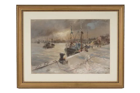 Walter Holmes, Daybreak at the Dock, pastel on paper