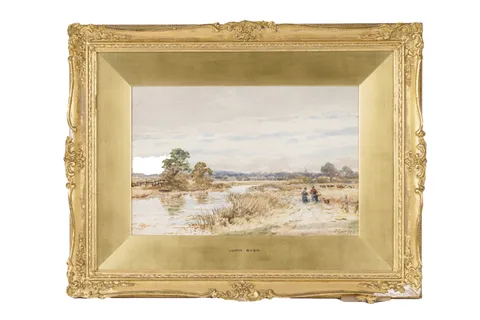 John Syer, Figures Strolling Alongside a River (1877), watercolour