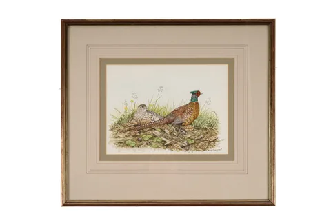 Chris Sparrow, Pheasants Nestled Amongst Autumn Leaves, watercolour