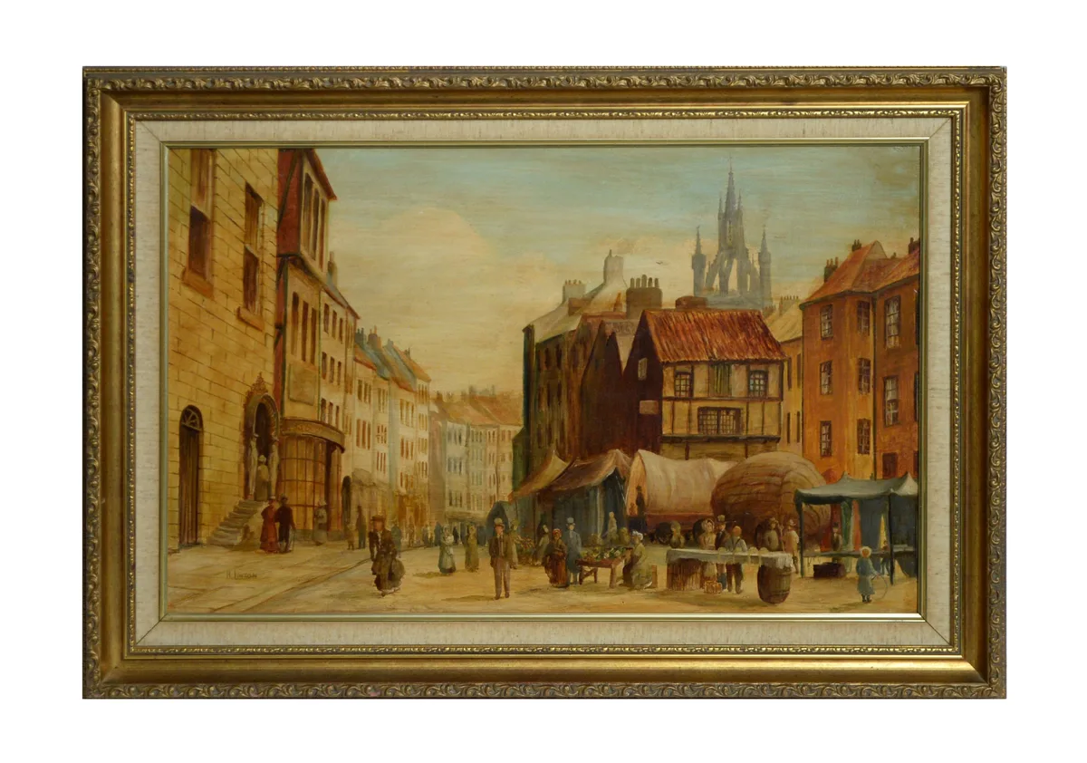 H. Linton, Newcastle Bigg Market, oil on board