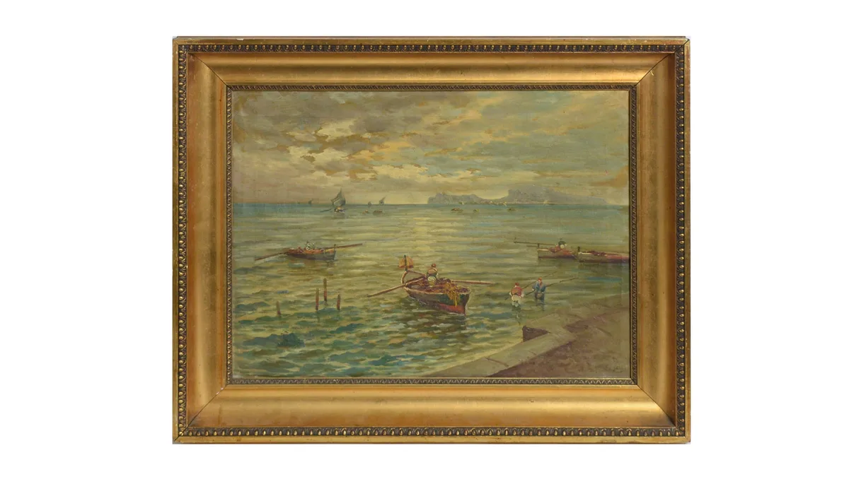 Fishing Boats by Beniamino Caso, oil on canvas, sold Feb 2024