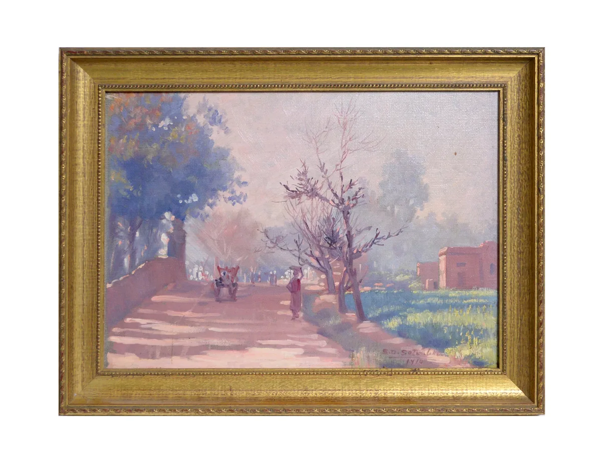 A street scene in India by S. D. Satwalekar, oil on board, sold Feb 2024
