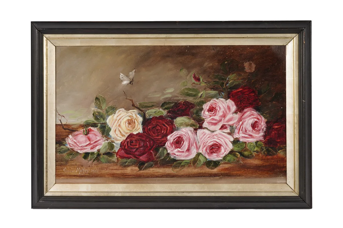 Annie Molley, Still Life with Garden Roses, oil on board