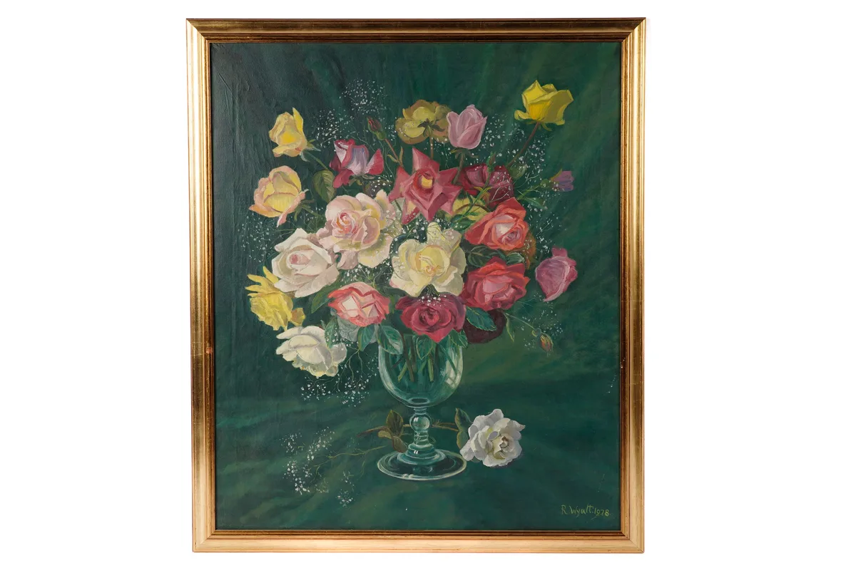 R. Wyatt, Still Life with Roses and Gypsophila, oil on canvas