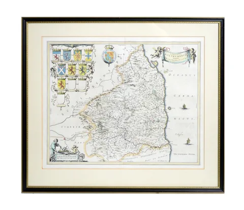 Willem Blaeu, Comitatus Northumbria; Vernacule Northumberland, copper engraving, hand-coloured