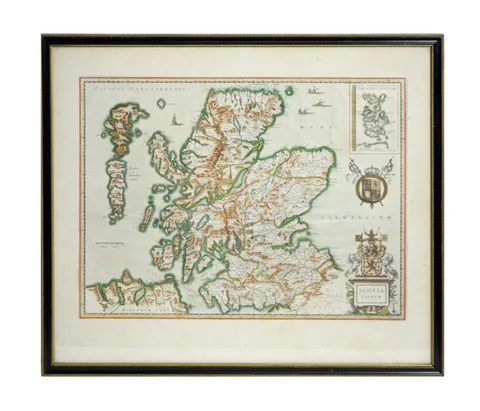 Willem Blaeu, Scotia Regnum, copper engraving, hand-coloured
