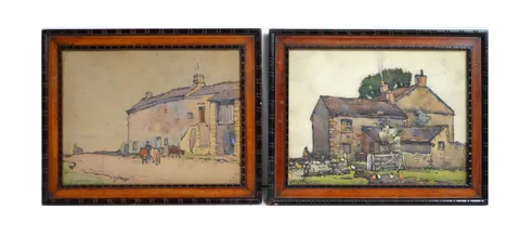 Frederick Lawson, A pair of miniature studies of farmsteads, watercolour and ink