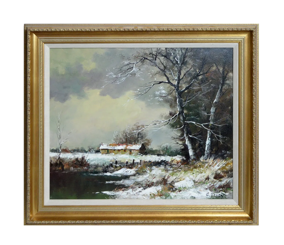 G. Percy, Snowy Winter Scene with a Croft by a Loch, oil on canvas