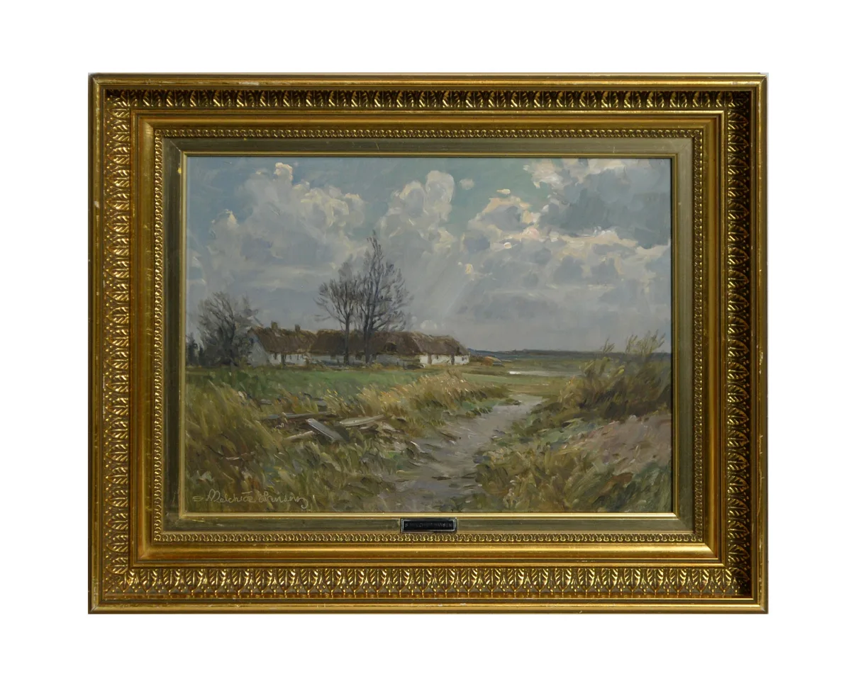 Sunbreak over a Settlement by Soren Melchior Hansen, oil on board, sold Dec 2023