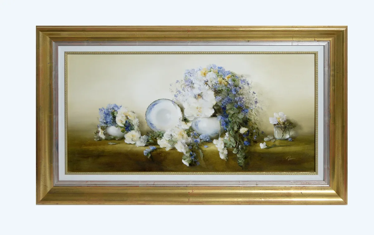 Judith Levin, Still Life with Flowers and Porcelain, acrylic on canvas