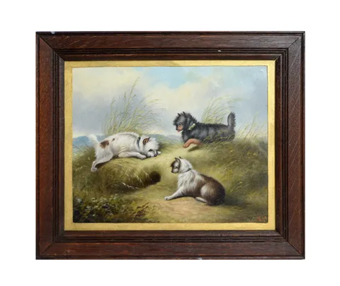 Frank Cassell, Three Little Dogs Rabbiting, oil on board