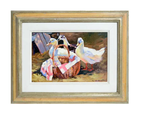 Wendy Stevenson, Three Ducks and a Basket, oil on canvas