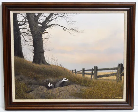 Jerry S. Waide, Badgers Emerging from a Sett, oil on board