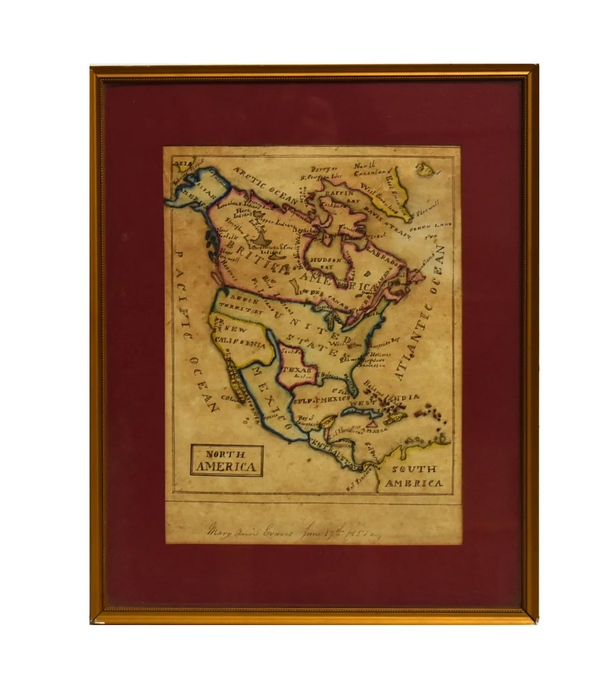 Mary Ann Evans, 1851 pre-Civil War manuscript map of early America, pen and ink with watercolour