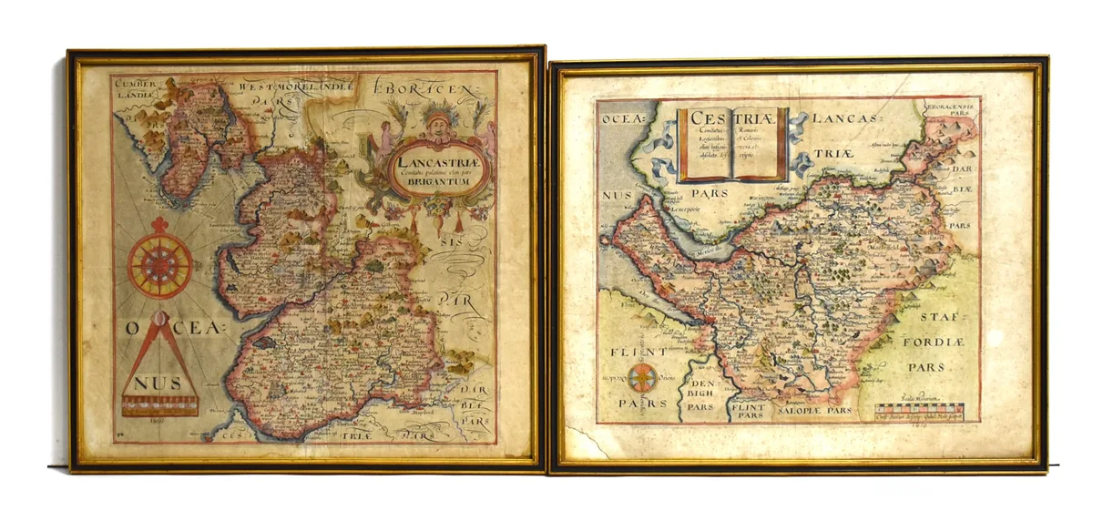 Christopher Saxton, Two 17th Century maps of Lancashire and Cheshire, hand-tinted copper-plate engraving