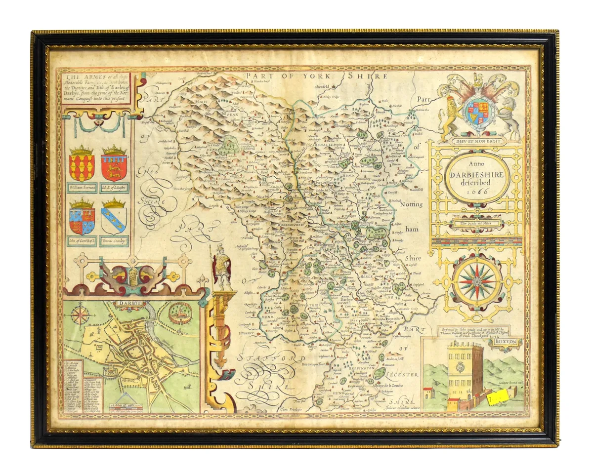 John Speede, Darbieshire Described; A Map of Derbyshire, hand-tinted engraving, with pen and ink annotations, c.1610