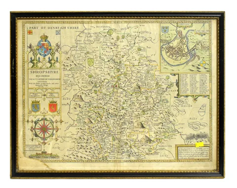 John Speede, Shropshyre Described; a Map of Shropshire, hand-tinted engraving, c.1610