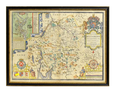 John Speede, The Countie Westmorland and Kendale the Cheif Towne; a Map, hand-tinted engraving, c.1610