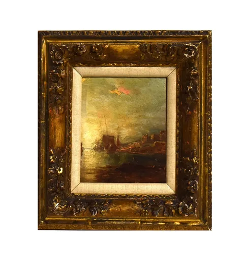 19th Century Continental, Dusk Harbour View, oil on panel