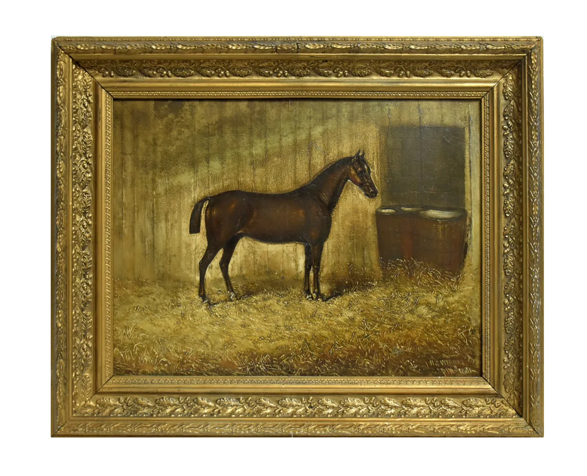 H. T. Widdas, Portrait of a Chestnut Racehorse in a Stable, oil on board