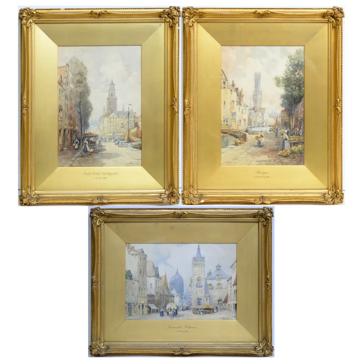 J. R. Miller, Three 19th Century continental street views, watercolour