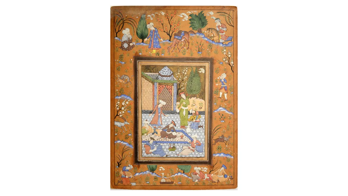 A Mughal-style drinking scene by 19th Century Indian, gouache on natural card, sold Jun 2023