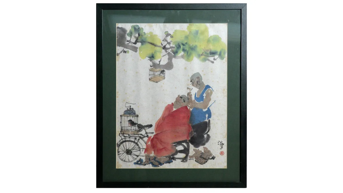 Ma Haifang, Figures and Caged Birds Below the Blossom Trees, watercolour and brush ink