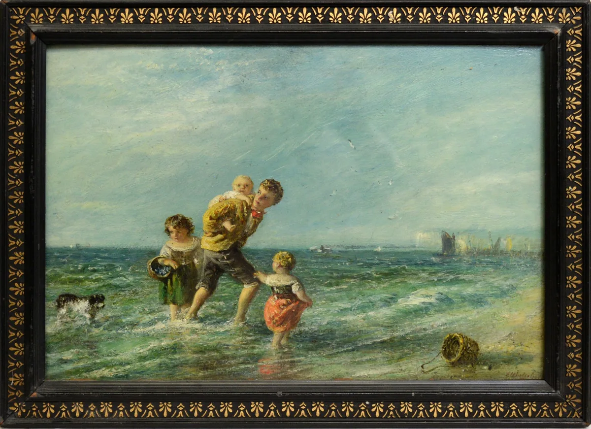 19th Century British, Caught by the Tide, oil on board