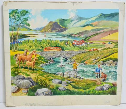 Illustration for jigsaw puzzles; Ashness Bridge and Pony Riding by 20th Century British, each gouache on board, sold Sep 2023