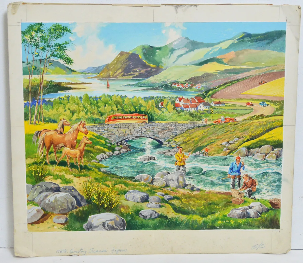 Illustration for jigsaw puzzles; Ashness Bridge and Pony Riding by 20th Century British, each gouache on board, sold Sep 2023