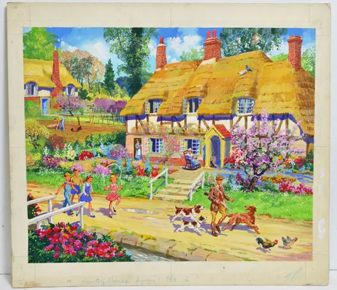 Illustration for a Jigsaw Puzzles; Country Scenes by 20th Century British, each gouache on board, sold Sep 2023