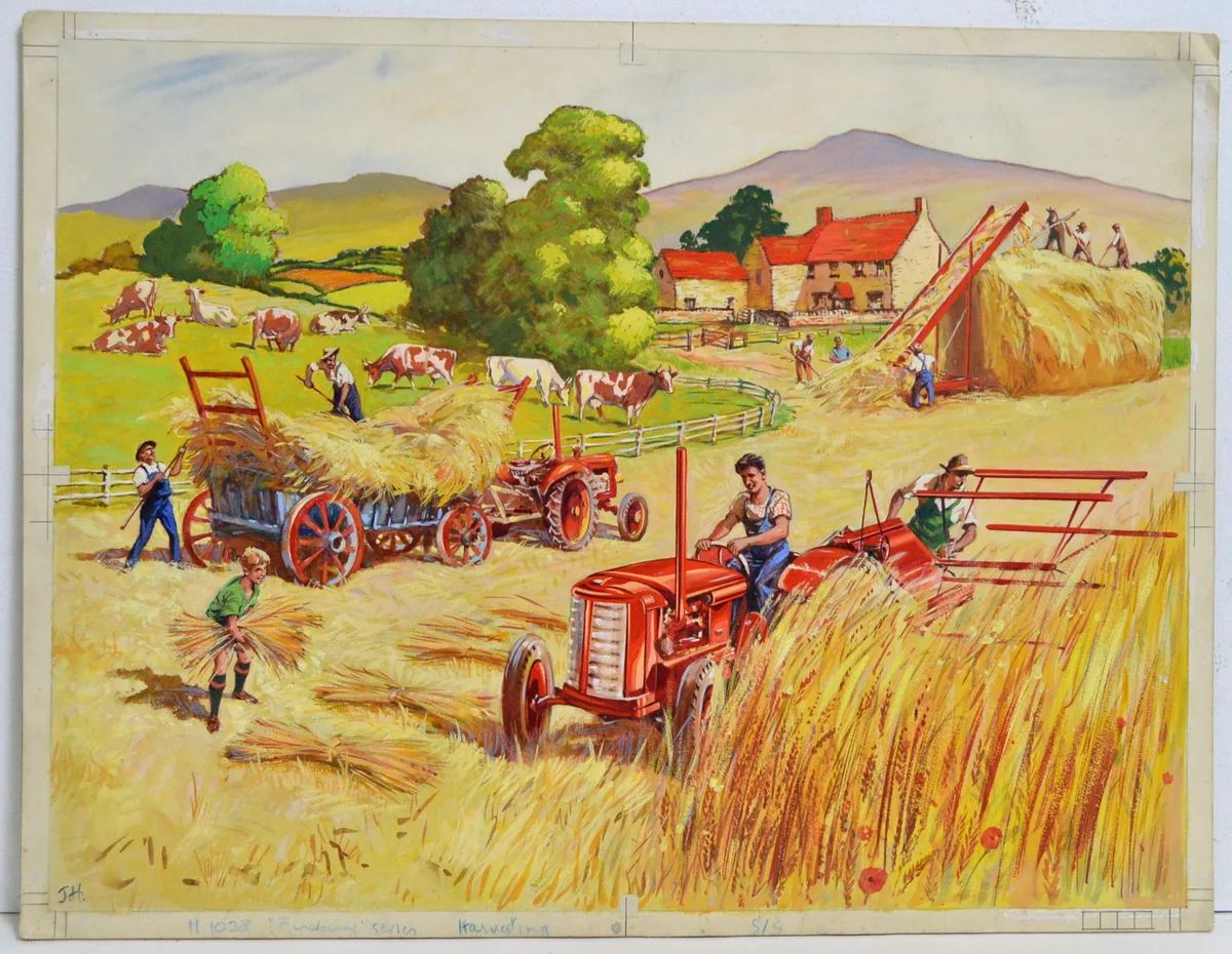 et al John Harris, Illustrations for jigsaw puzzles; Harvesting, and Rustic Charm, each gouache on board