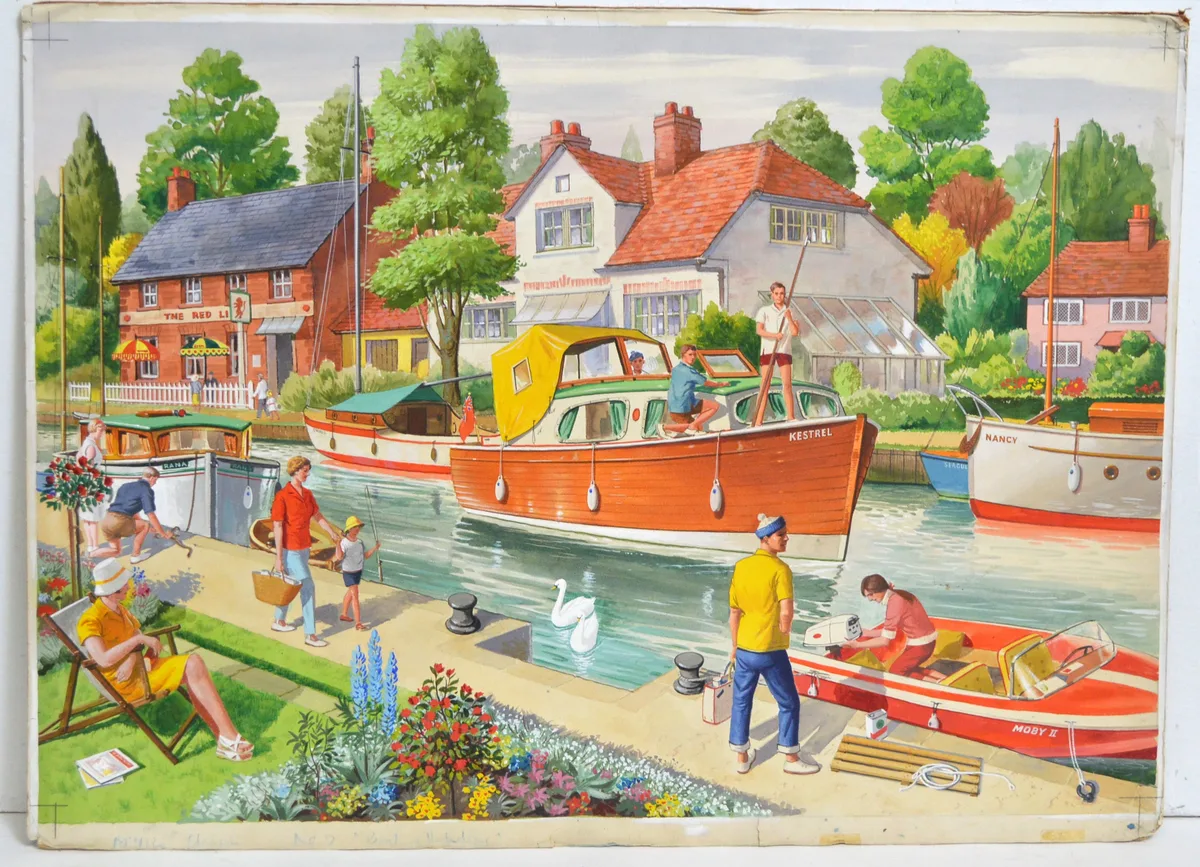 et al Will H. Maile, Illustrations for Jigsaws; including Boating Holiday, and Durham, gouache on board