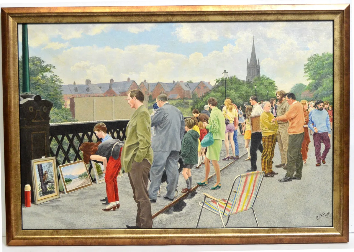 William Bird, Sunday Afternoon, Armstrong Bridge, acrylic and oil on board