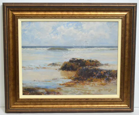 Lester Sutcliffe, Sand, Sea, and Gulls in the Gloaming, oil on board