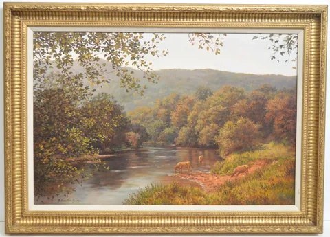 Cattle in the Shallows of a River by Jean Hamilton-George, oil on canvas, sold Sep 2023