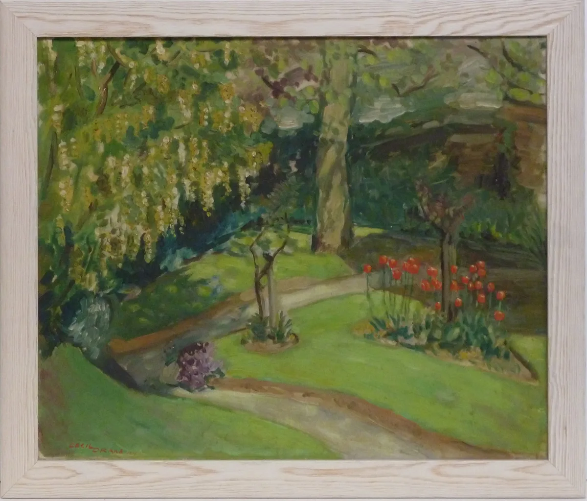Cecil Drake, Spring Garden with Laburnum and Tulips, oil on canvas
