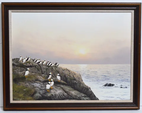 Jerry S. Waide, Puffins at Sunset, oil on board