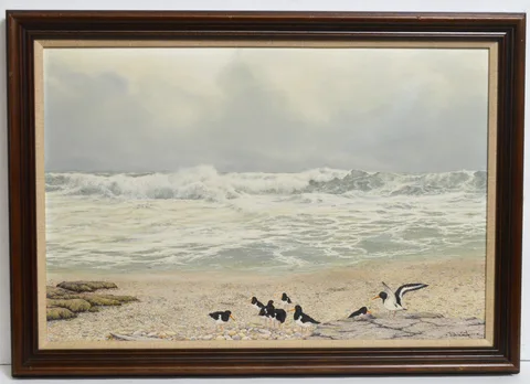 Jerry S. Waide, Oystercatchers in the Pebbles, oil on board