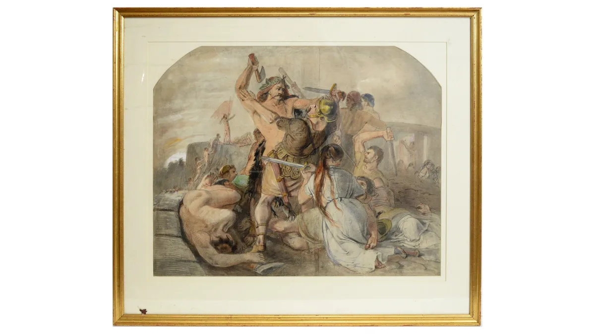 David Scott, Roman Versus Briton, graphite and watercolour